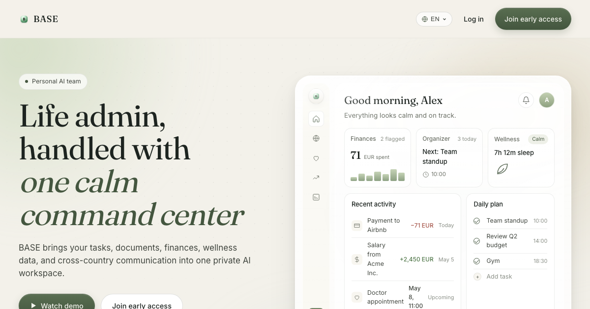 BASE — Life admin, handled with one calm command center